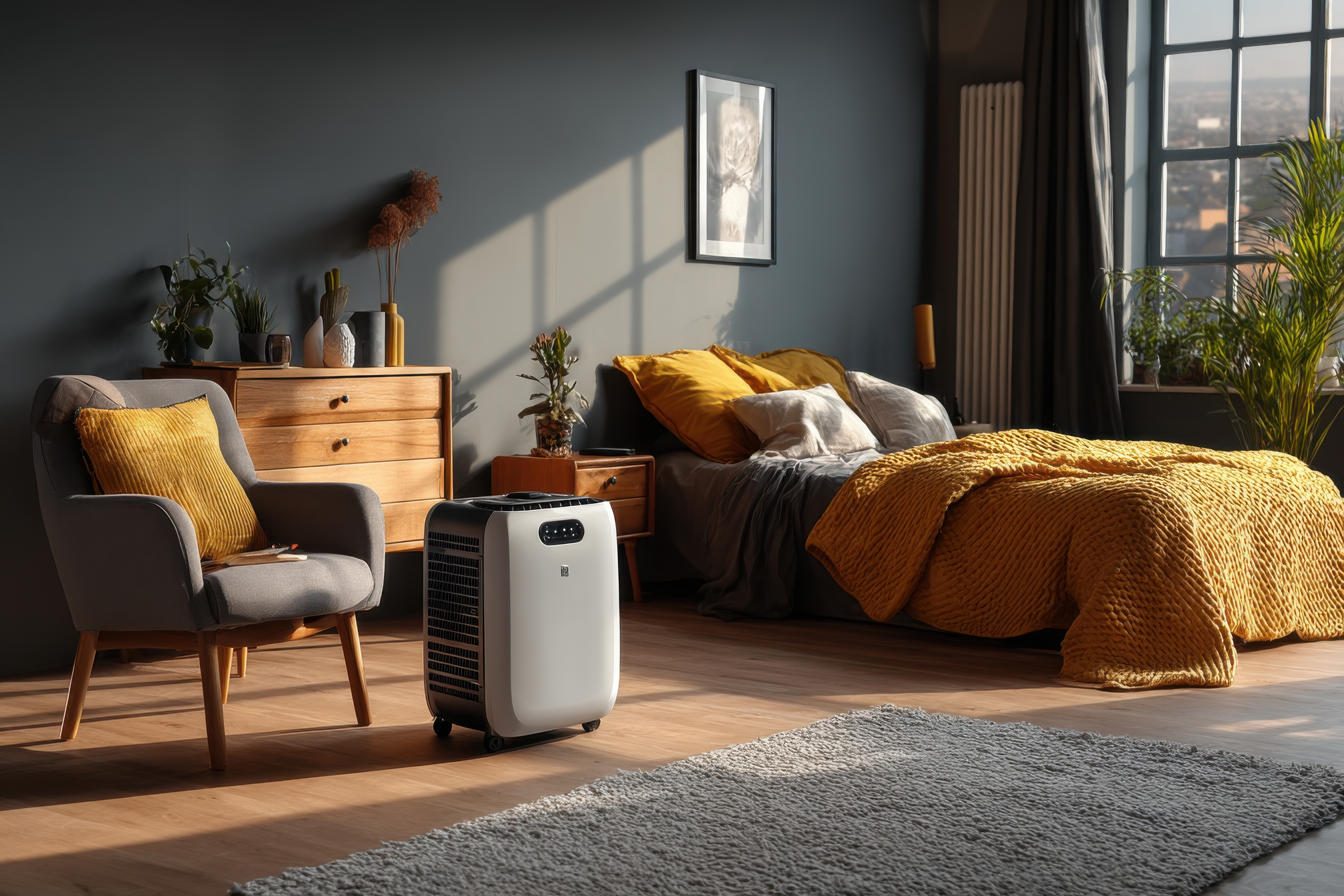 Moisture control via a dehumidifier in a cozy bedroom