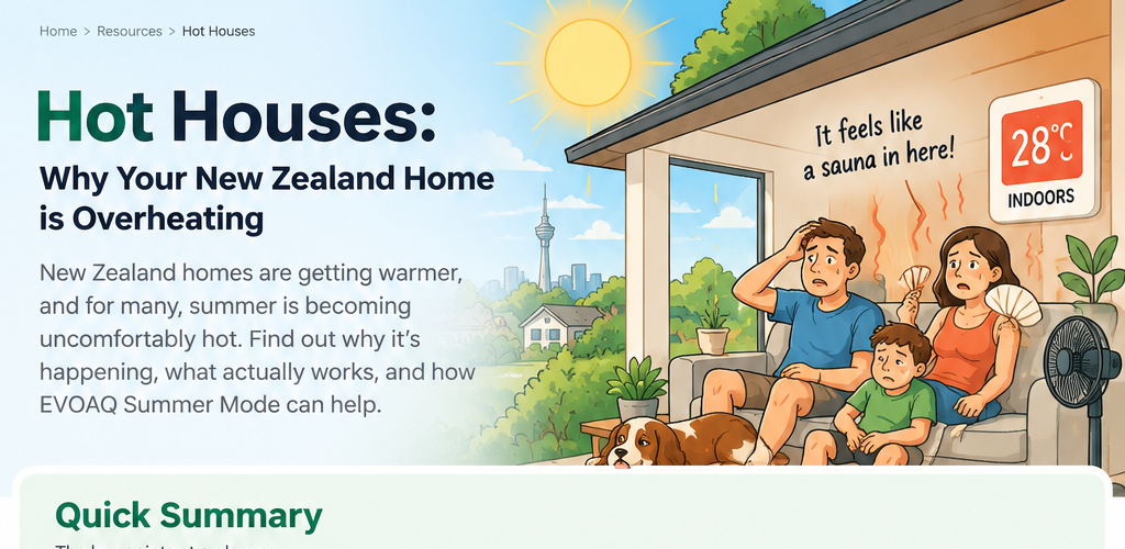 Cartoon illustration of a family in an overheated New Zealand home on a hot summer day